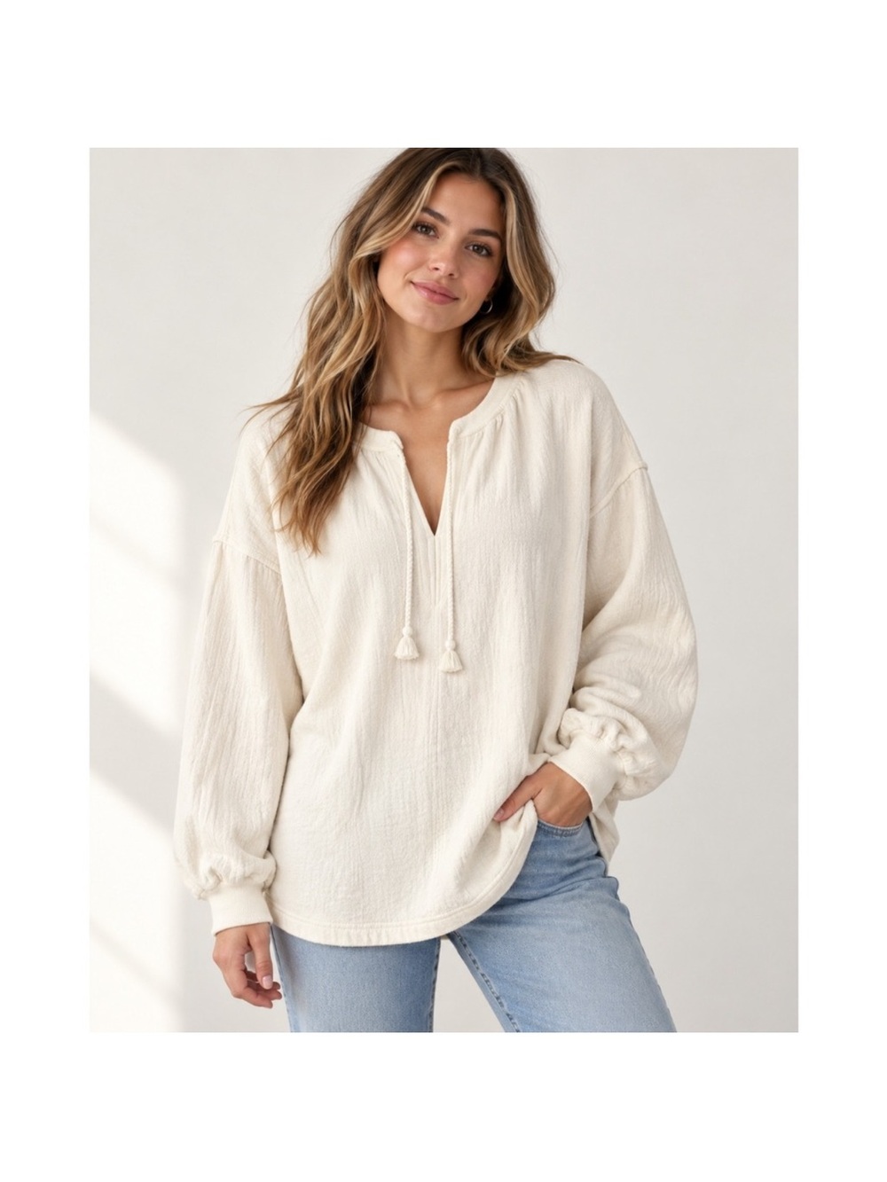 Aerie Easy Street Cream Tassel Tie V Neck Sweatshirt XXS
